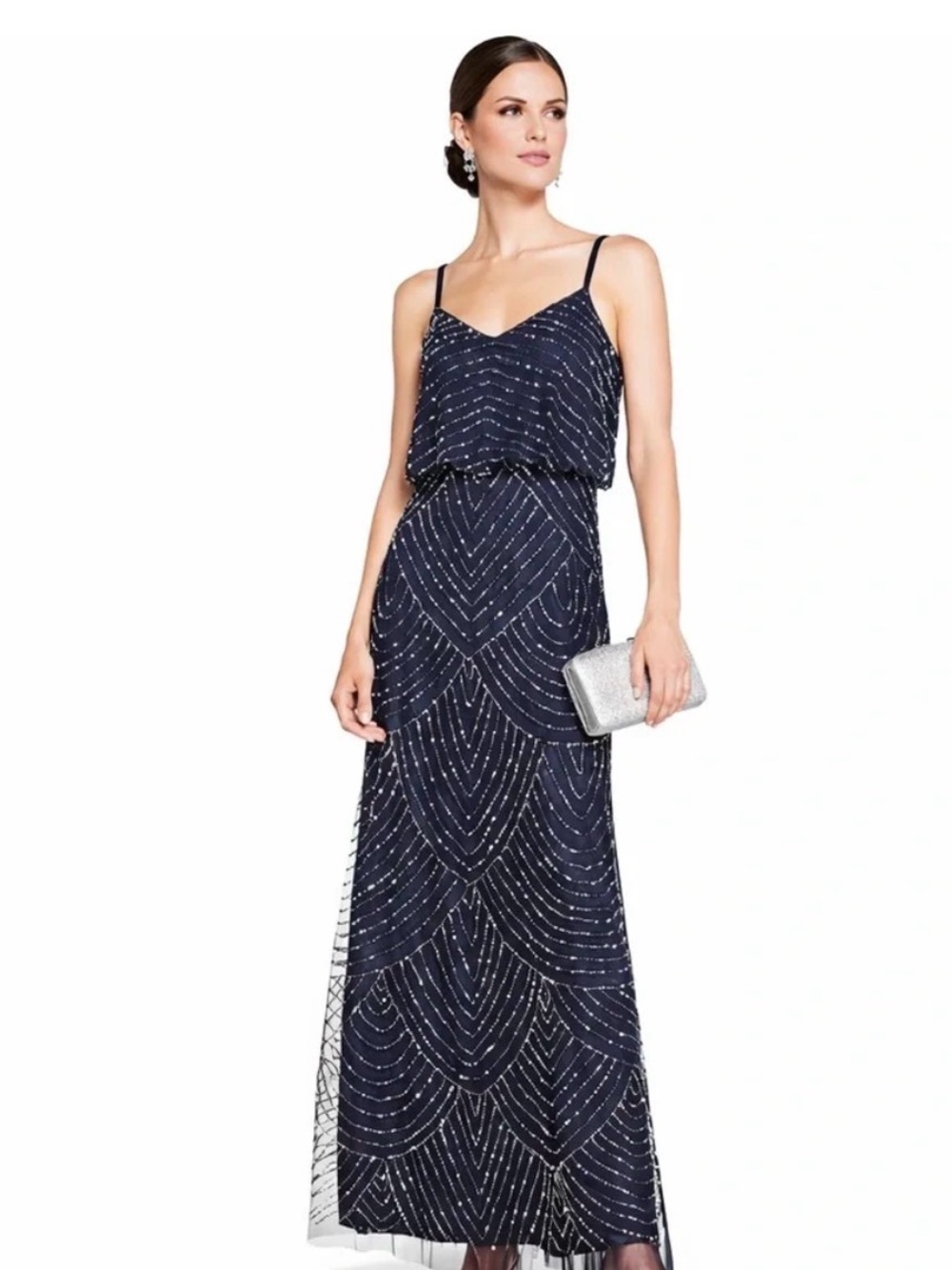 Adrianna Papell Navy Beaded Spaghetti-Strap Maxi Gown